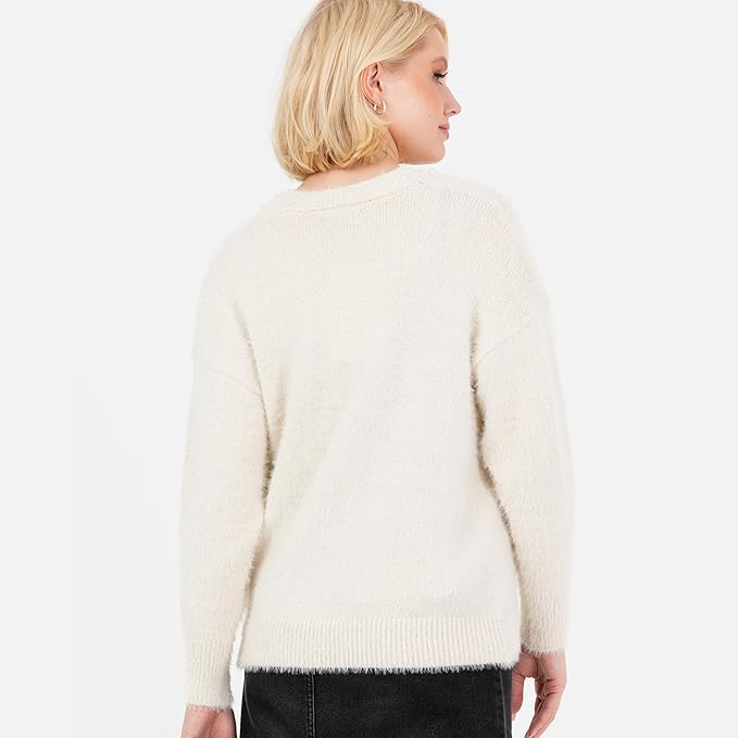 Lovedrobe Women's Cardigan Ladies Long Sleeve Pearl Embellished Velvet Bow Knitwear Smart Casual Office Wear Popper Buttons, Cream 12-14