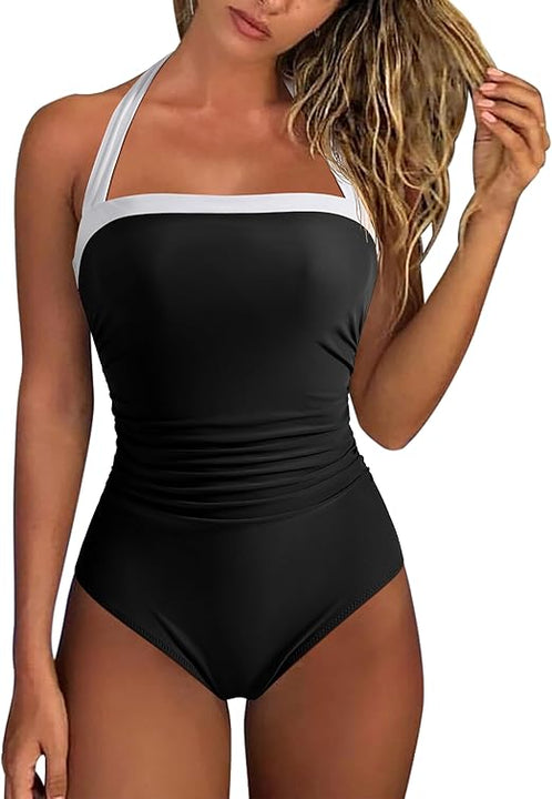 RXRXCOCO Womens Tummy Control Swimwear Halter Neck One-Piece Swimsuits Padded Swimming Costume Black-White, L