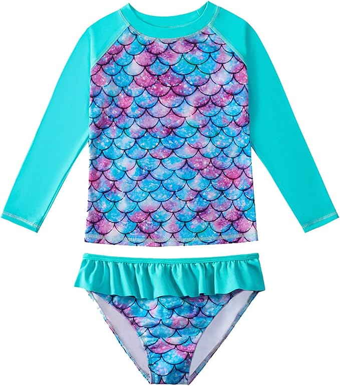 WYTbaby Girls Swimming Costume Uv Protection 2pcs Long Sleeve Mermaid Swimsuit Girls Rash Guard Summer Beach Swimming Set for 8-9 Years
