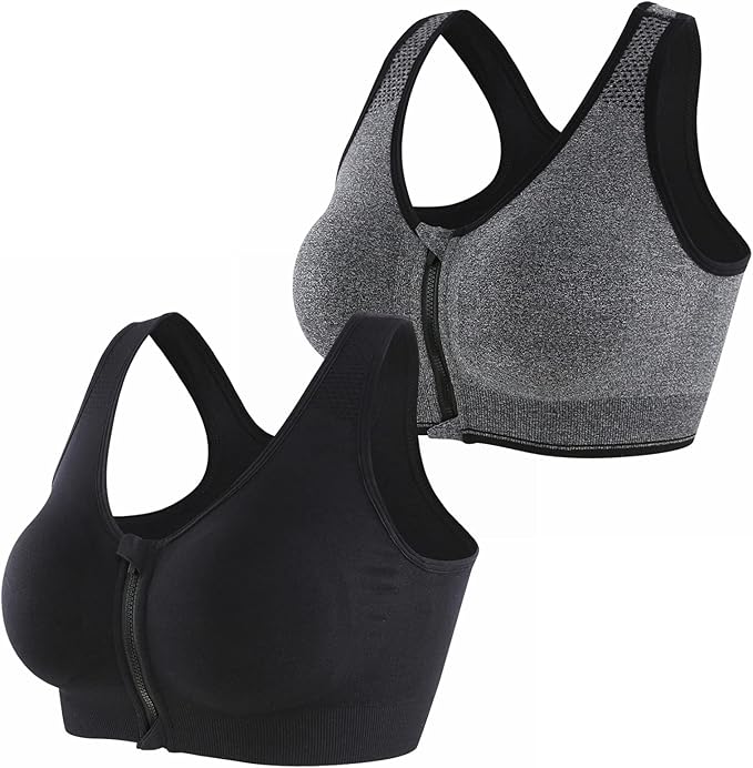 CLOUSPO Sports Bra Post Surgery Bra Zip Front Wireless with Removable Pads Yoga Bra for Workout Fitness(XXL,Grey+Black)