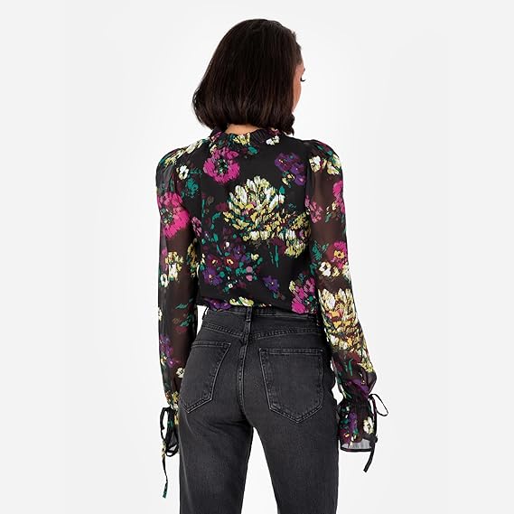 Lovedrobe Women's Tie-Neck Blouse Ladies Smart-Casual Top Long Sleeve Ruffle Cuffs Floral Print Keyhole Bow Tie Detail Office Wear, Multi, 18