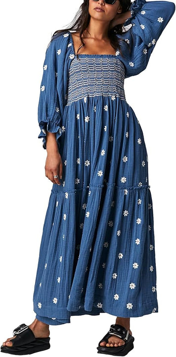 Yoisdtxc Women 's Smocked Square Neck A Line Flowy Maxi Long Dress Flower Print Half Sleeves Backless Embroidery Loose Swing Dress (Dark Blue, M)