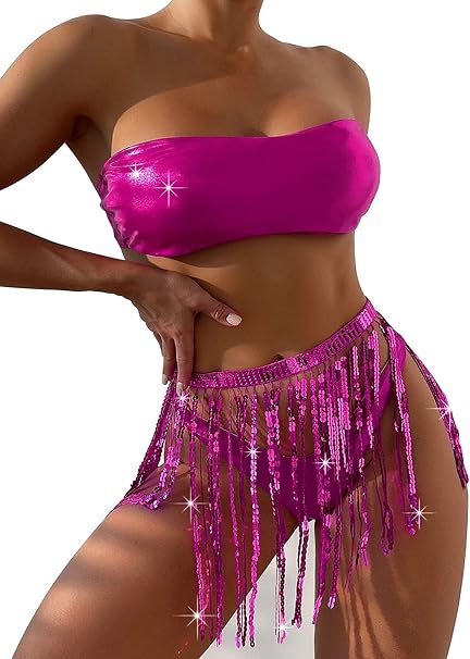 Rave Outfits for Women 3 Piece Bikini Set Tassels Skirt Metallic Swimsuit Holographic Bandeau Top Bathing Suits for Festival(Rose,XS,1005w)