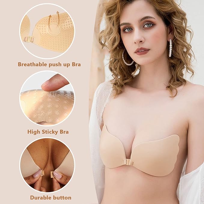 Lnmyic Push up Bra Backless Bras for Women, Stick on Bra Reusable Strapless bra, Comfortable Invisible Sticky bra and Nipple Covers for All Backless Clothes, Beige, B