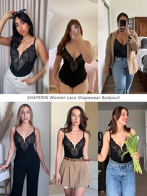 SHAPERIN Women Lace Bodysuit Shapewear Tummy Control Shaping Bodysuit Sexy Deep V Neck Bodysuit Top Body Shaper with Bra, Black, XL
