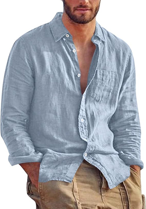 Halfword Men's Cotton Linen Shirts Long Sleeve Shirt Casual Top Button Down Beach Shirt Loose Fit, Light Blue, M