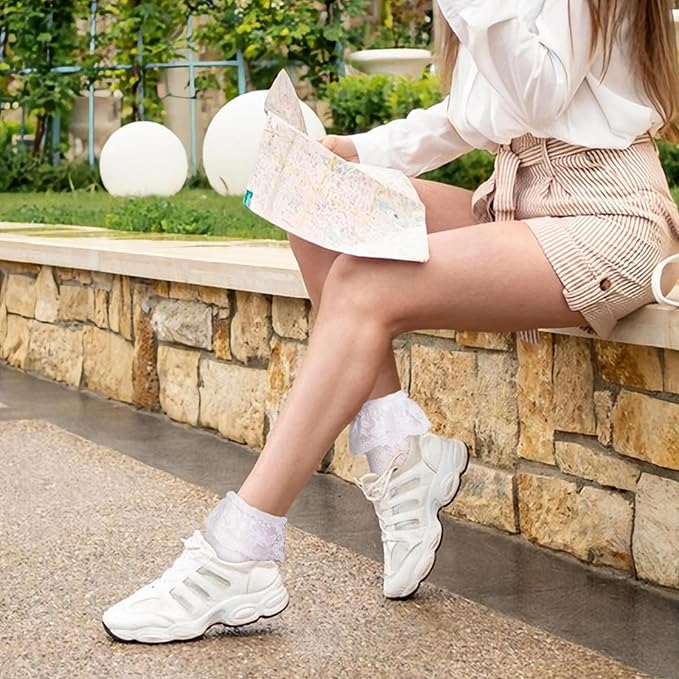 GOZINA 6 Pairs Frilly Socks Women White Black Ruffle Socks Cute Bow Ballet Socks Ankle Socks Cotton Socks Set for Adult Women Girls