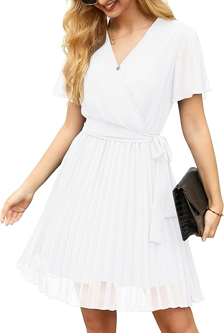 GRECERELLE Womens Summer Casual Wrap Dress Chiffon Cute Pleated Beach Tie Waist Dresses for Women (White, M)