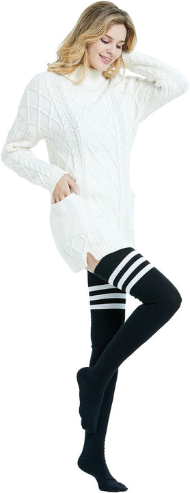 Kayhoma Extra Long Cotton Stripe Thigh High Socks Over the Knee High Plus Size Stockings…, Black/White, M