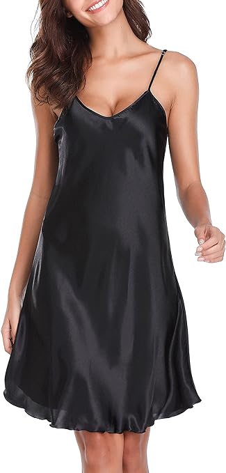 Wikoan Women Satin Nightdress Soft Silk Nightshirt Straps Chemise Slip Sexy V Neck Nightgown Sleepwear,a-Black,XXXL