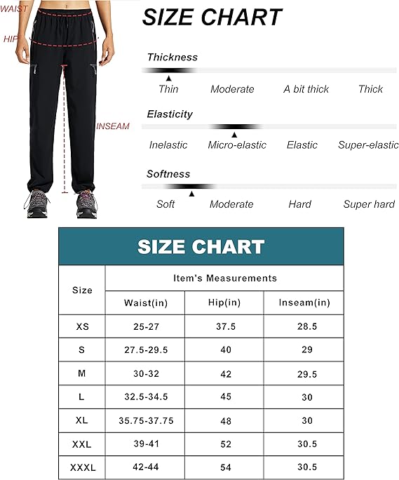 Libin Women's Hiking Trousers Waterproof Quick Dry Walking Pants Outdoor Elastic Waist Camping Travel Safari Rain with Zipper Pockets, Black M