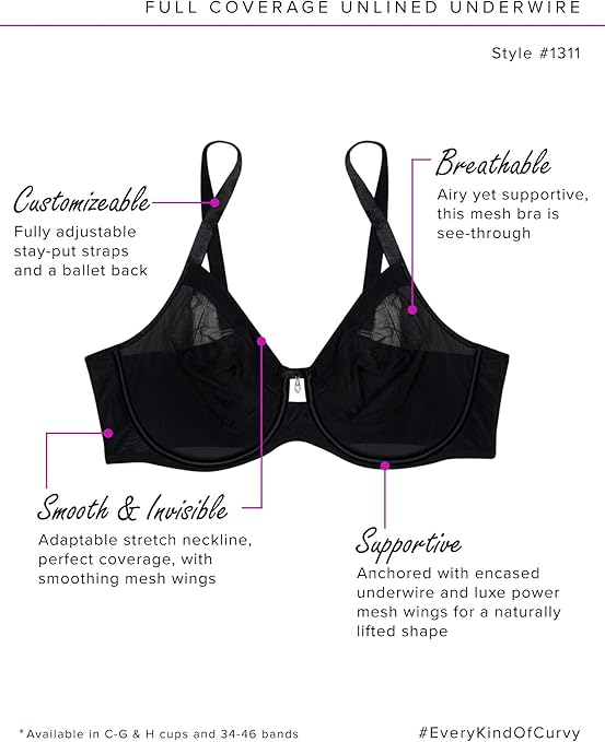 Curvy Couture Women's Sheer Mesh Full Coverage Unlined Underwire Bra