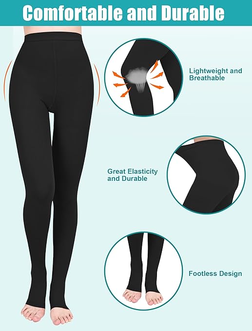 Evolyline Medical Compression Tights for Women & Men 15-20mmHg, Open Toe Compression Pantyhose Opaque Graduated Support Tights Compression Stockings for Varicose Veins Edema Flight Nursing, Black, 3XL