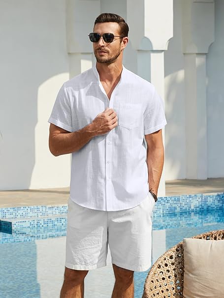 Enlision Mens White Linen Shirts Short Sleeve Grandad Collar Shirt for Men Summer Casual Collarless Henley Top Button Down for Wedding Beach Holiday L