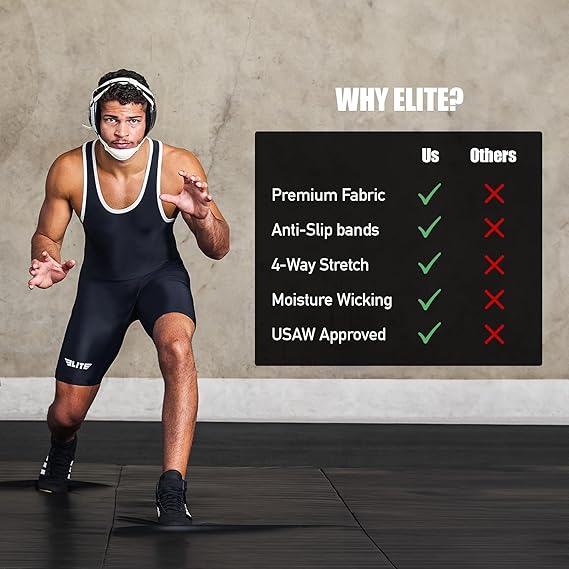 Elite Sports Men’s wrestling singlets, Standard Singlet for Men Wrestling Uniform (Black, X-Large)