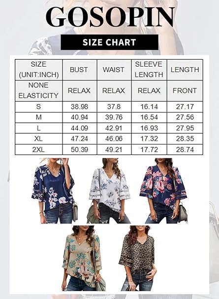 GOSOPIN Womens Floral Printed Blouses V-Neck Summer Casual 3/4 Sleeves Shirt Tops White UK 10