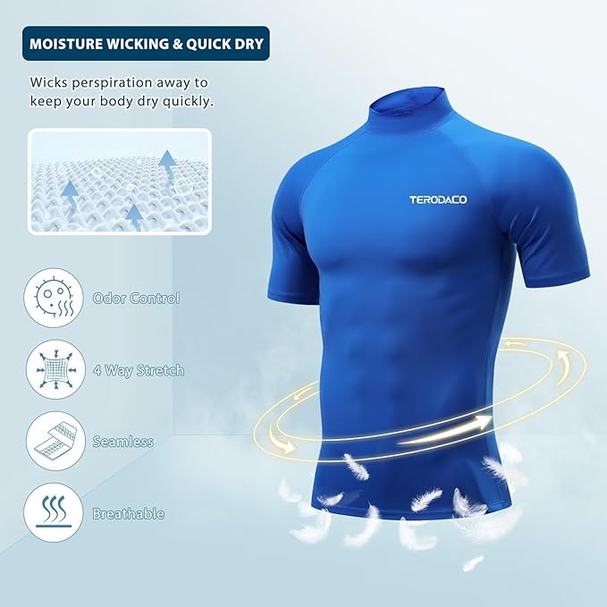 TERODACO Rash Vest Mens Short Sleeve UV 50+ Swimming Shirts for Men Compression Sweat Wicking Rash Guard Mens Base Layer for Wetsuit Diving Surfing,Quick Dry Lightweight Stretchy 222 Blue XL
