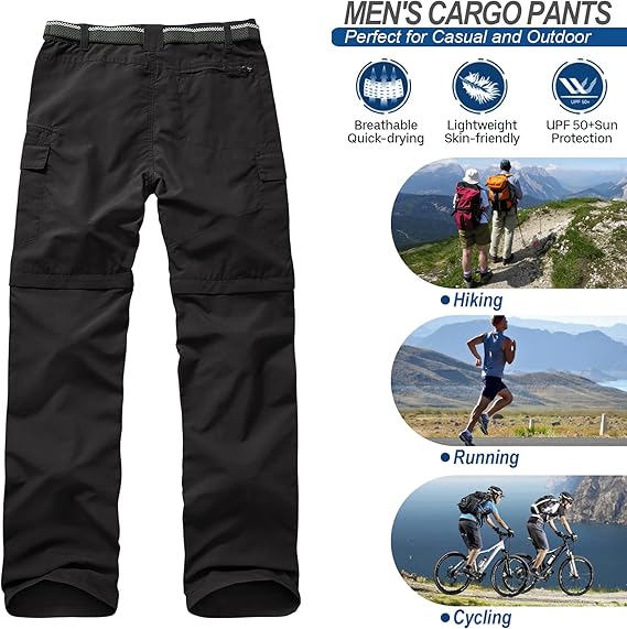 Jessie Kidden Hiking Walking Trousers Men,Quick Dry Convertible Lightweight Breathable Waterproof Outdoor Fishing Work Zip Off Cargo Pants Black-29 (Belt not include)
