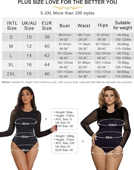 ohmydear Women's Bodysuits Long Sleeve Lace Mesh Black Bodysuit for Women Plus Size Crew Neck Leotard Top Stretch Sexy Ladies Body Suits, Black, 2XL