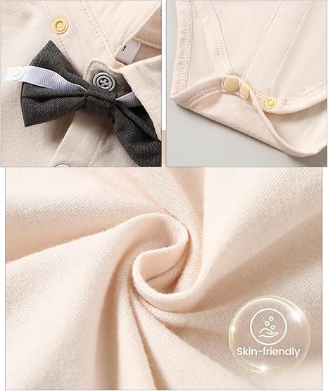 SOLOYEE Baby Boys Formal Suit, Infant Gentleman Wedding Outfit Newborn Bodysuit + Pants + Waistcoat + Bow Tie + Corsage Christening Clothes 5Pcs Set (Grey, 6-12 Months)