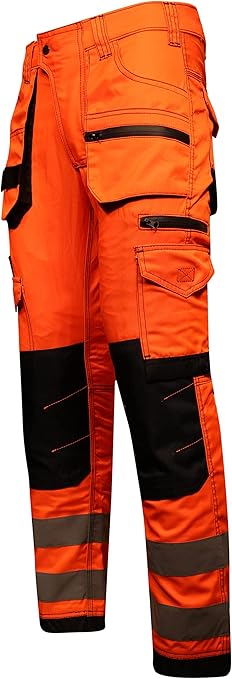 HASHOOB TRADING FZE Men’s Hi Vis Work Trousers high Visibility Cargo Workwear Soft Heavy Duty Multi Pocket Reflective Tape Pants (HV2-ORANGE1, 38W X 32L)