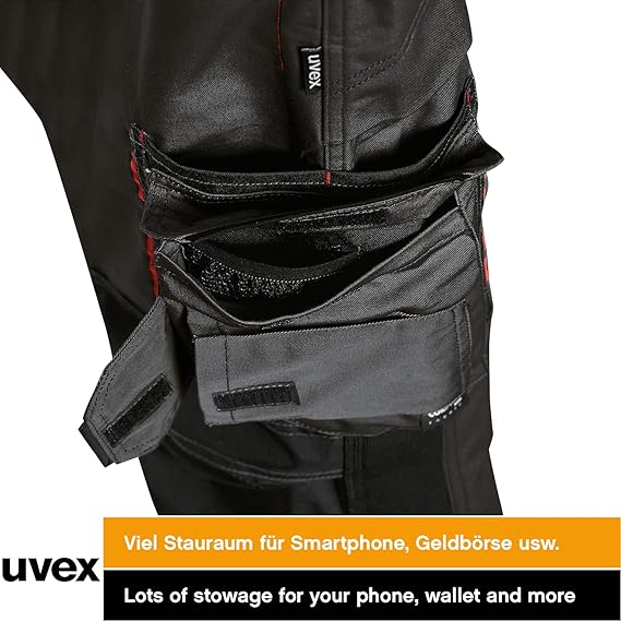 uvex Tune-up Men's Long Work Trousers - Robust Men's Work Trousers with Knee pad Pockets - 35% Cotton - Black/red - 44