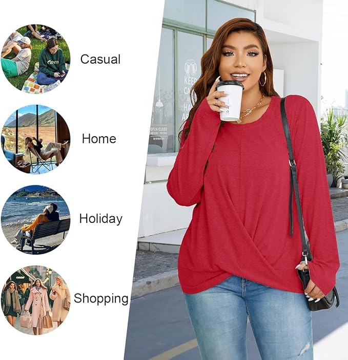 HOTGIFT Womens Christmas Tunics Top Casual Long Sleeve T-Shirts Sweaters Blouse Crewneck Red Large