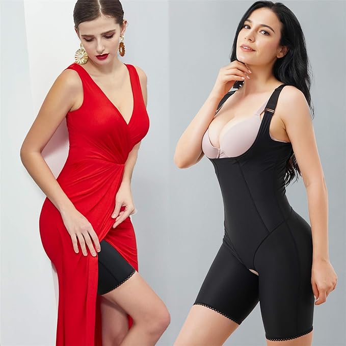 Chumian Waist Trainer Bodysuit for Women Tummy Control Full Body Shaper Open Bust Shapewear Thigh Slimmer Corset (Black, X-Large)