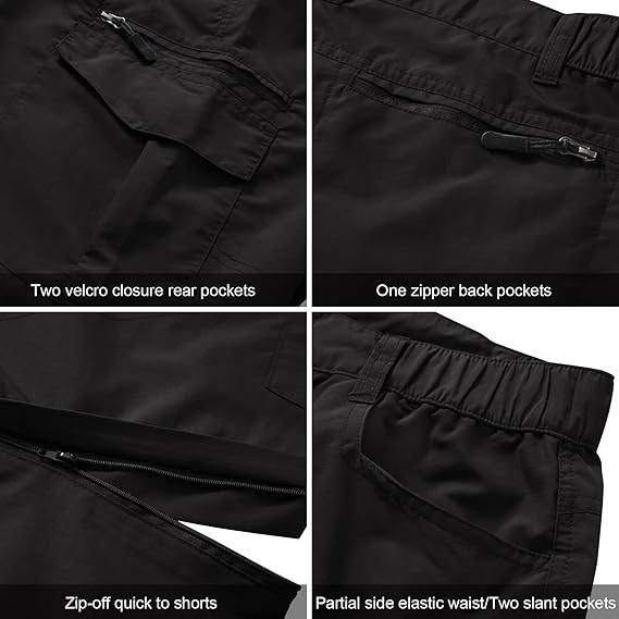 Jessie Kidden Hiking Walking Trousers Men,Quick Dry Convertible Lightweight Breathable Waterproof Outdoor Fishing Work Zip Off Cargo Pants Black-29 (Belt not include)