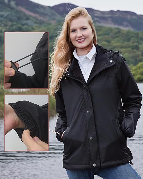 Victoper Waterproof Jackets Womens, Lightweight Windproof Portable Raicoats for women Quick Dry Two Pockets Packable Rain Jacket for Ladies Suitable for Outdoor Travel Hiking Camping Black, M