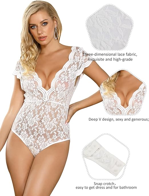 ohyeahlady Bodysuit for Women Going Out Stretch Lace Sexy Lingerie Naughty V Neck Body Suit Leotard Clubwear Tops,White, M-L