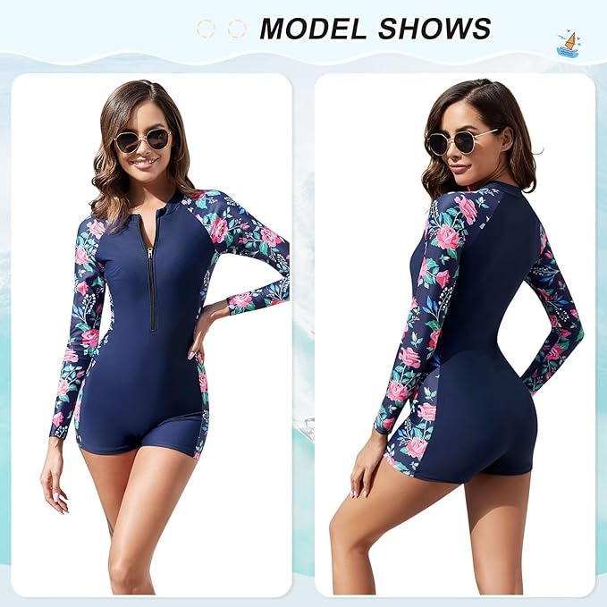 TERODACO One Piece Swimming Costume Women Removable Padded Half Zip Rash Vest Women Long Sleeve UPF50+ Ladies Swimsuits Wetsuit Rash Guard,Soft Stretchy Quick Dry 2401 Navy M