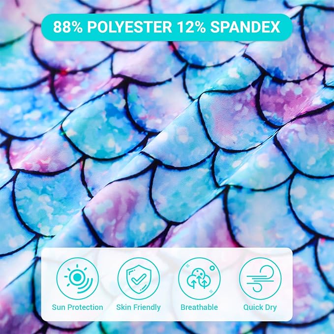 WYTbaby Girls Swimming Costume Uv Protection 2pcs Long Sleeve Mermaid Swimsuit Girls Rash Guard Summer Beach Swimming Set for 8-9 Years