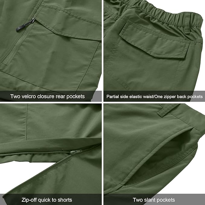 Jessie Kidden Hiking Walking Trousers Men,Quick Dry Convertible Lightweight Breathable Waterproof Outdoor Fishing Work Zip Off Cargo Pants #6088-Army green-34