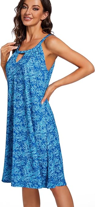 YXCFEWD Summer Dresses for Women Halter Neck Dress Ladies Floral Beach Dress Sun Casual (Dark Ocean, XL)