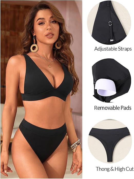 Yonique High Waisted Thong Bikini Set Two Piece Swimsuit High Cut Bikini V Neck Bathing Suit, Black, Large