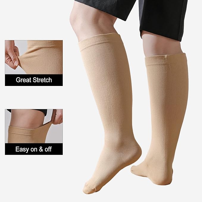 PUTUO Wide Calf Compression Socks: Plus Size Graduated Compression Stockings for Men Women Large Compression Sock for Support Flight Travel Pregnancy Edema Nurses Seniors 20-30 mmHg Beige 4XL 3Pairs