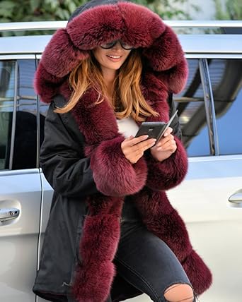 Roiii Women Winter Warm Thick Faux Fur Coat Hood Parka Long Jacket Size 8-20 (12, Wine Red)