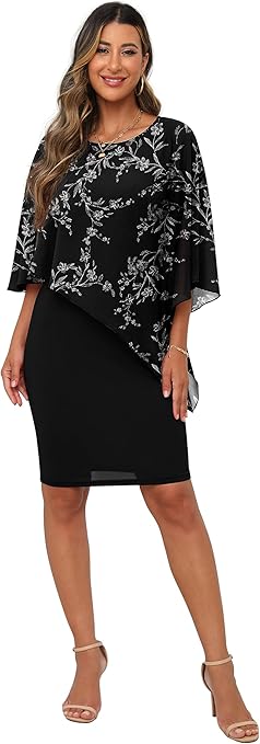 QIXING Womens Summer Casual Dress Loose Batwing Sleeve Crew Neck Chiffon Cape Elegant Midi Cocktail Pencil Dresses for Women UK for Funeral Party Wedding (FP White Leaf-Black, XL)