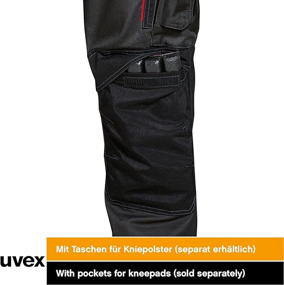 uvex Tune-up Men's Long Work Trousers - Robust Men's Work Trousers with Knee pad Pockets - 35% Cotton - Black/red - 44