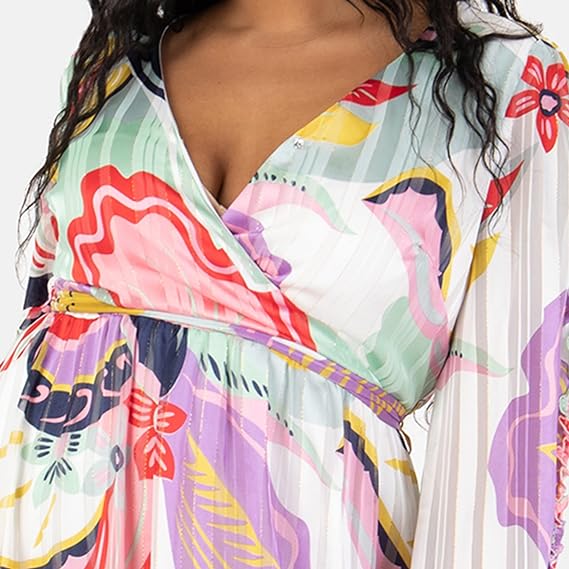 Lovedrobe Women's Plus Size Ladies Long Sleeve Maxi Dress Abstract Print Bishop Back Hole V-Neckline Faux Wrap Tie Belt Size 18