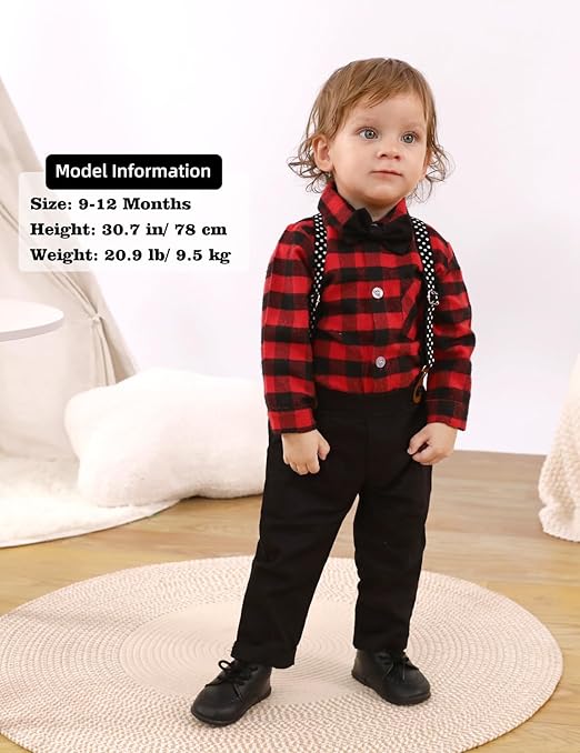 mintgreen Baby Boy Suit, Wedding Outfit Bodysuit Gentleman Clothing Set Suspender Trousers + Shirt, Black & Red, 6-9 Months, 70