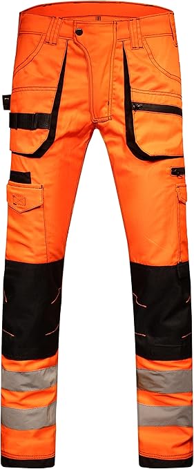 HASHOOB TRADING FZE Men’s Hi Vis Work Trousers high Visibility Cargo Workwear Soft Heavy Duty Multi Pocket Reflective Tape Pants (HV2-ORANGE1, 38W X 32L)