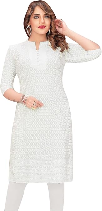 Ladyline Rayon Chikhan Schiffli Embroidered Kurti for Womens Tunic Top Indian Kurta (S/White/38)