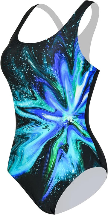Veranobreeze Women’s Athletic Print One Piece Swimsuits Training Swimwear Racerback Competitive Bathing Suit for Women (Green Flame, UK16)