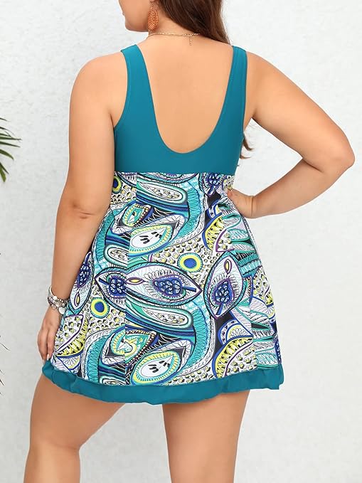 ECUPPER Womens One Piece Swimsuit Plus Size Swimwear Floral Printed Swimming Costume with Skirt Green 3XL
