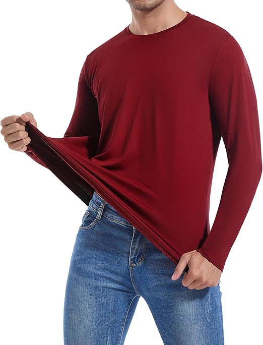 Men's Cotton Shirt Loose Fit Long Sleeve T-Shirt Moisture Wicking Crew Neck Shirts Comfort Casual Base Layer Tops, Red, XL