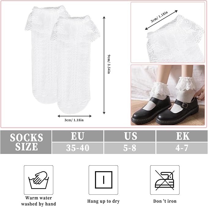 GOZINA 6 Pairs Frilly Socks Women White Black Ruffle Socks Cute Bow Ballet Socks Ankle Socks Cotton Socks Set for Adult Women Girls