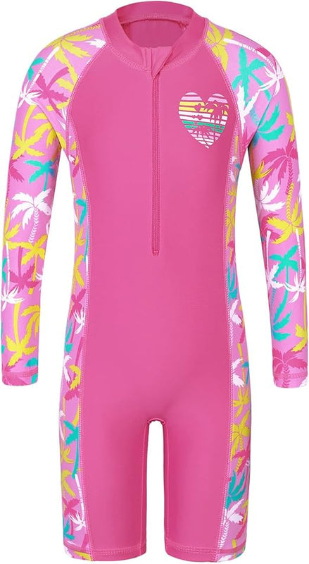 HUAANIUE Girls Kids One-Piece Swimsuit Anti-UV UPF 50+ Kids Girls Long Sleeve Zipper Bathing Suit 3-11 Years, S403-Cocoa Tree, 10-11 Years