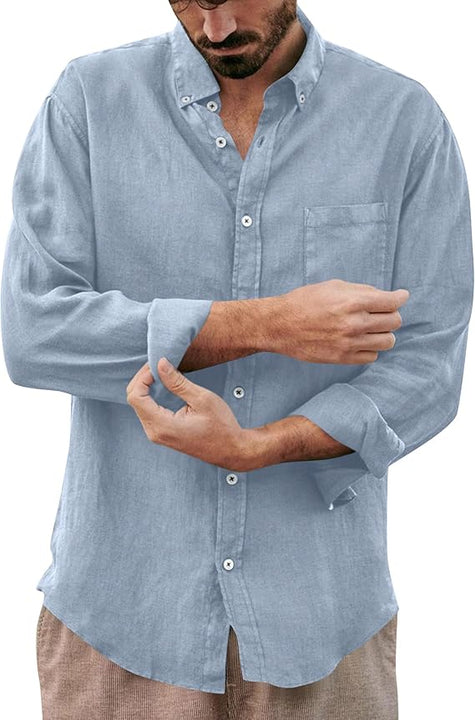 Halfword Men's Cotton Linen Shirts Long Sleeve Shirt Casual Top Button Down Beach Shirt Loose Fit, Light Blue, M